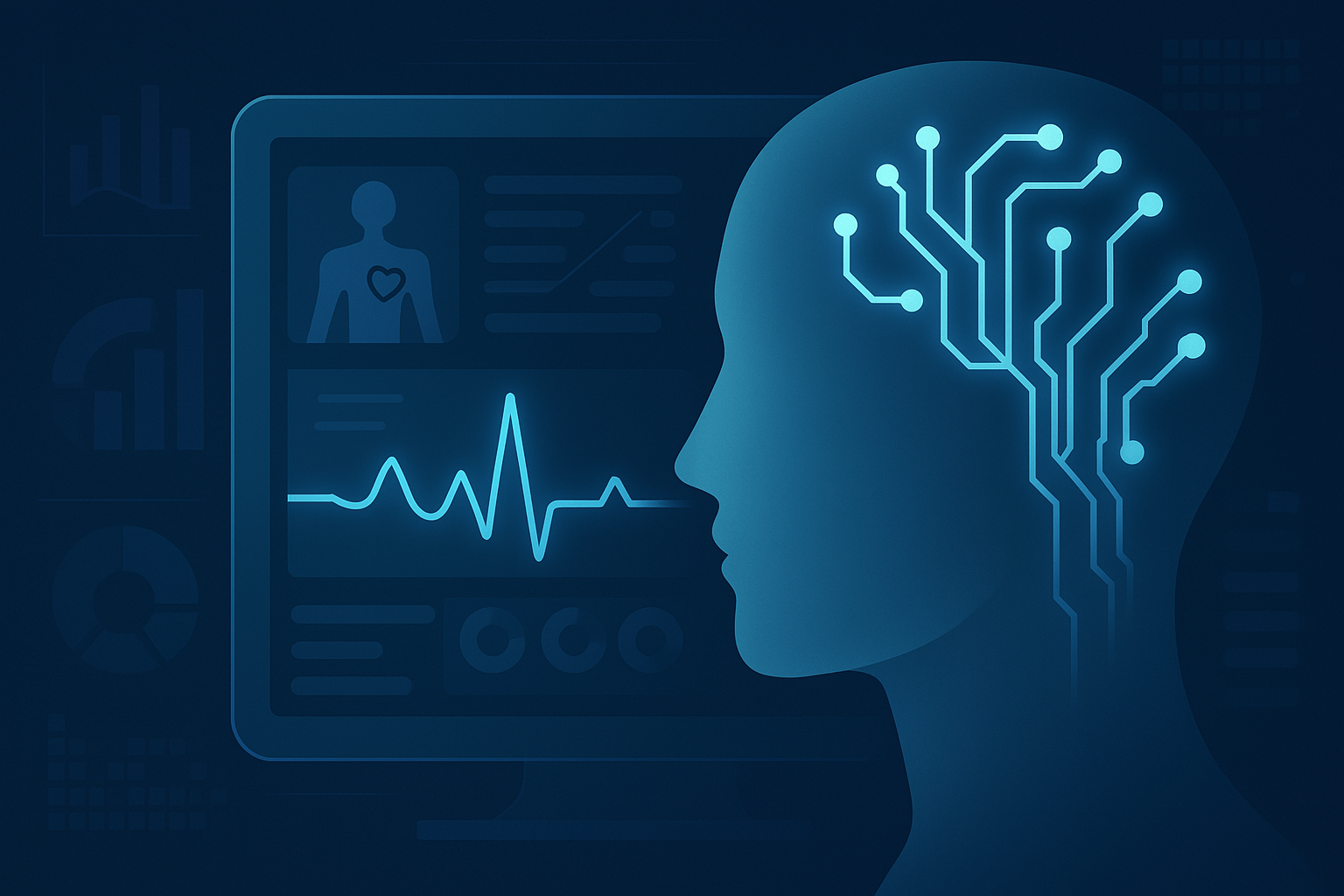 Futuristic dashboard displaying health data, AI microchip, and clinician silhouette—representing artificial intelligence in healthcare.