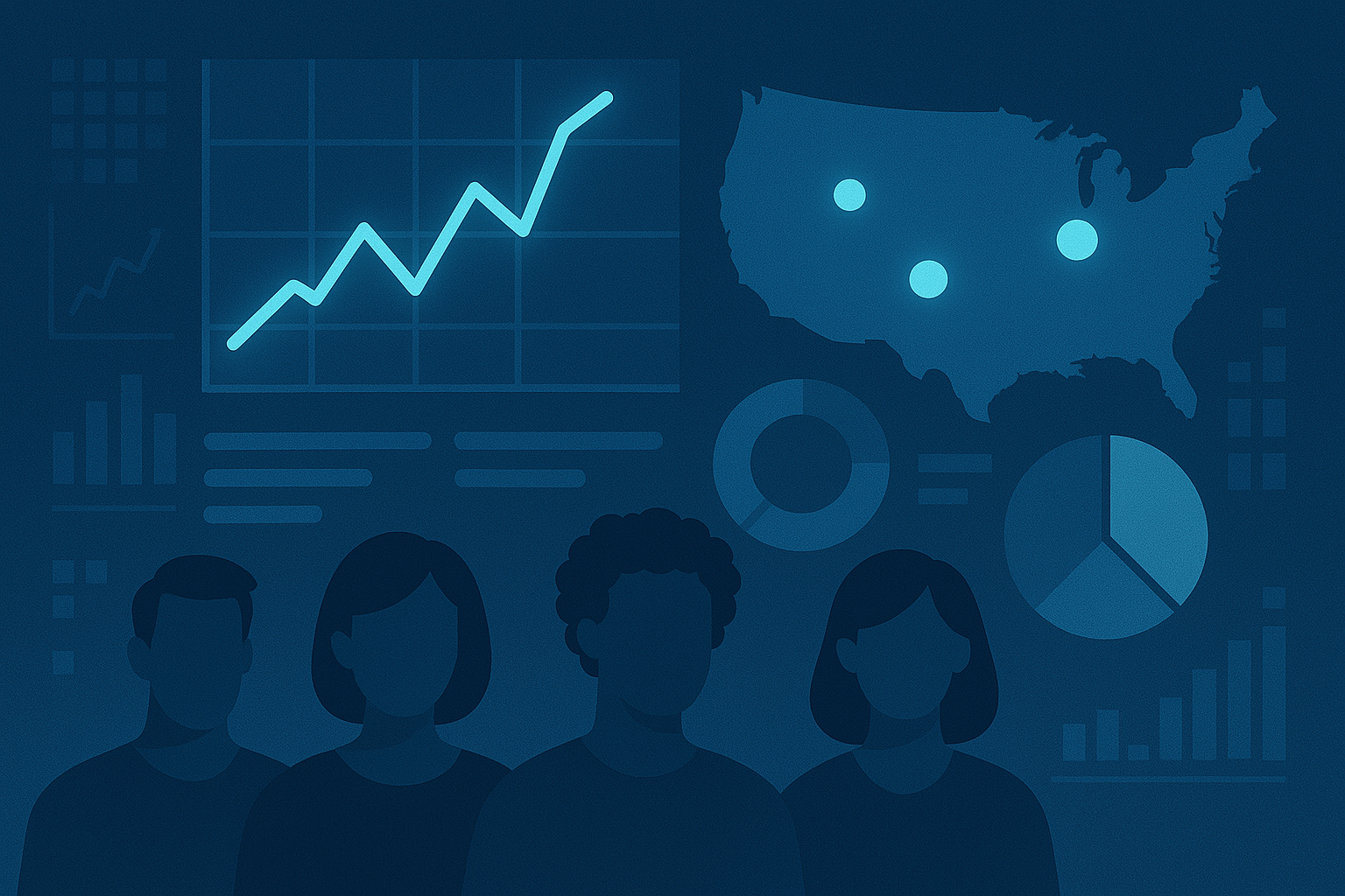 Public health dashboard with charts, maps, and silhouettes of diverse individuals symbolizing data-driven program planning.